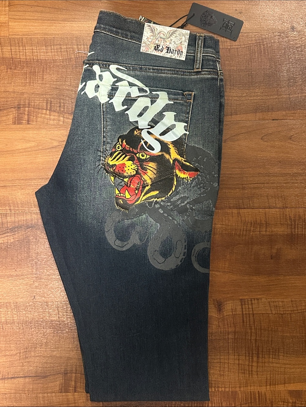 Ed Hardy Dark Blue Jeans with Yellow & Red Tiger Graphics - Picture 4 of 5